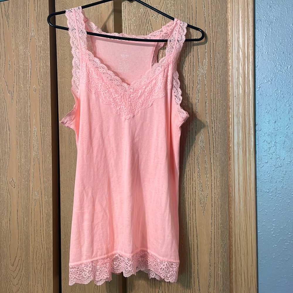 Salmon tank with lace detail around neck and bottom. Color is brighter in person